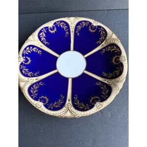 Vintage Bone China Blue White Serving Platter Gold Flower Trim Servingware 9”